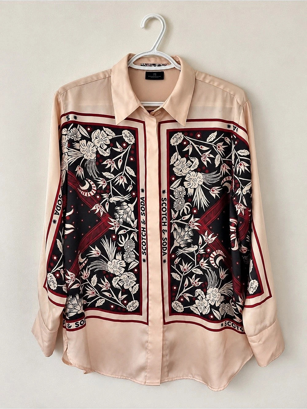 Scotch & Soda Pink Scarf Print Button Up Blouse Floral Bird Shirt Size S